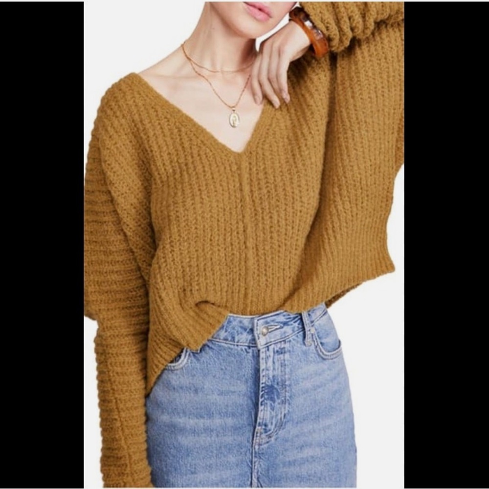Free People V-Neck Chunky Knit Sweater in Mustard Yellow